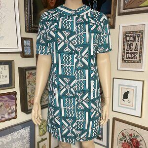 Vintage Hedy Lin Blue & White Geometric Print Short Sleeve House Dress Size XL